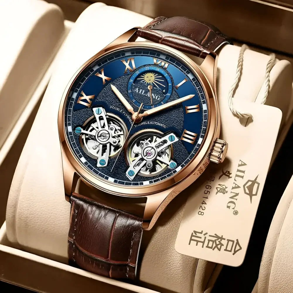 Blue-faced automatic watch with brown leather band from AILANG men’s jewelry collection