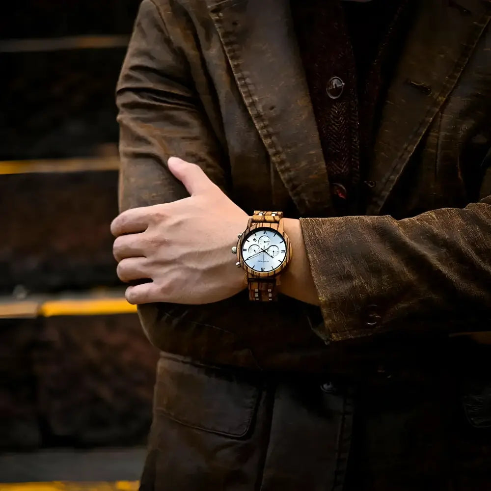 Brown wooden wristwatch from BOBO BIRD Wooden White Face Chronograph Watch collection