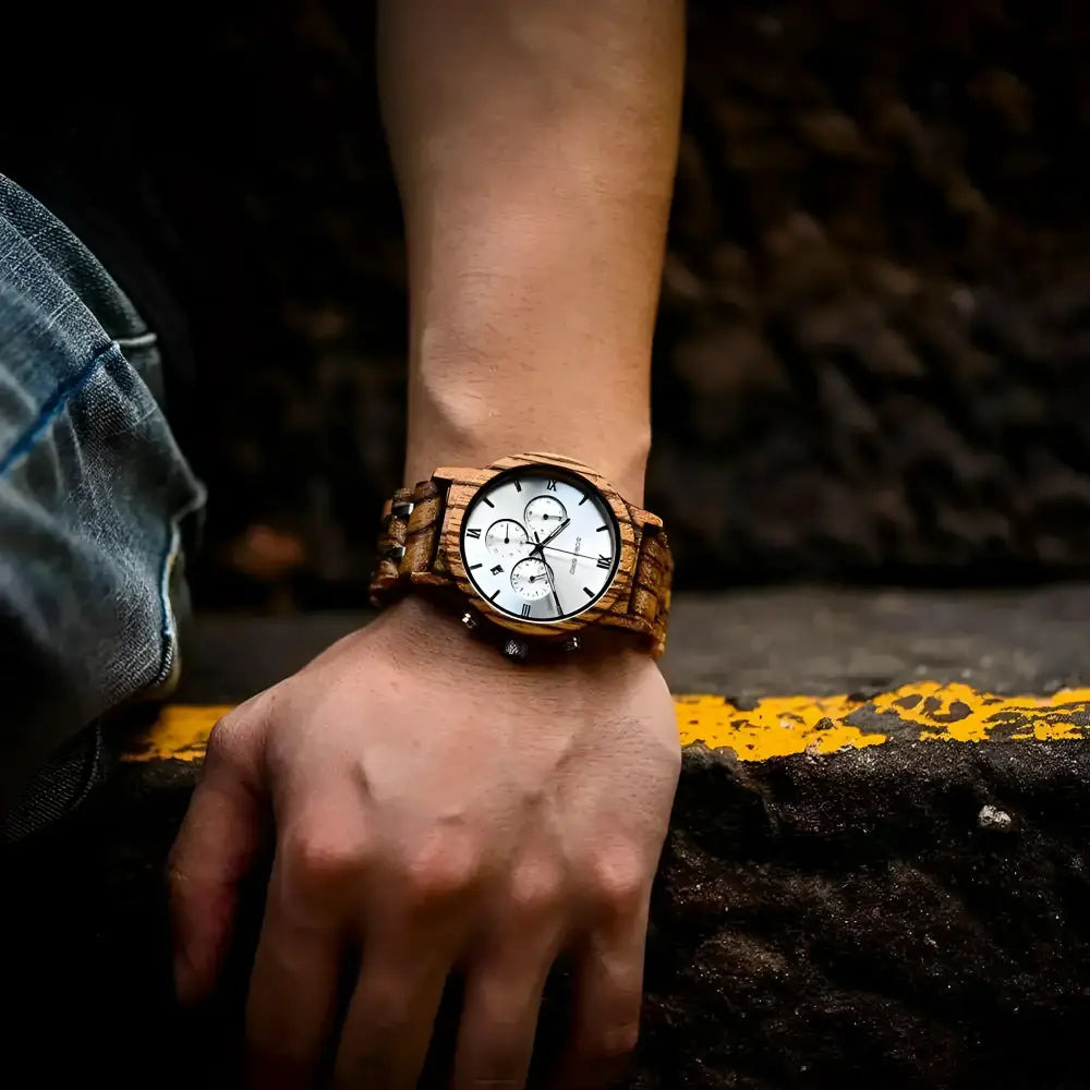 Bobo Bird Wooden White Face Chronograph Watch showcasing elegant wooden design