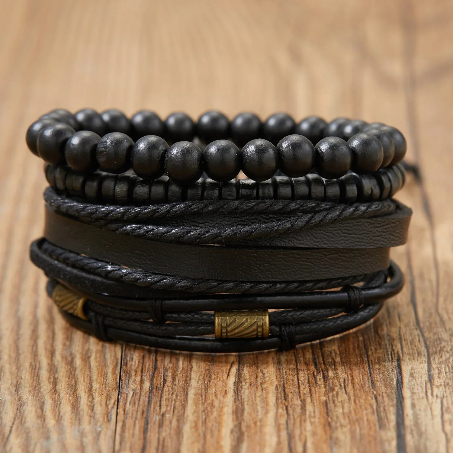 Mens Braided Leather Bracelet Set with Wood Beads and Black Rope - Stylish Multilayer Jewelry Gift - Buzzastore