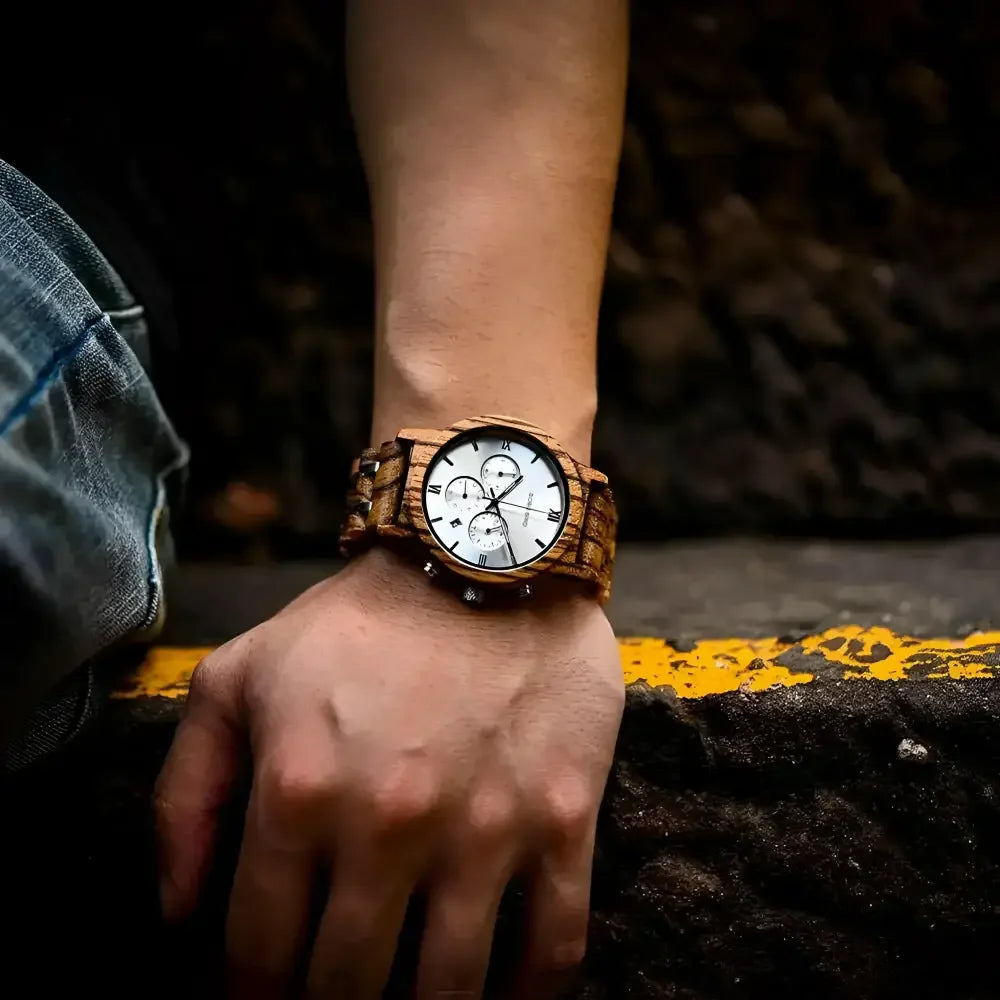Chronograph Wooden Watch with White Face by BOBO BIRD - Eco-Friendly Style - Buzzastore
