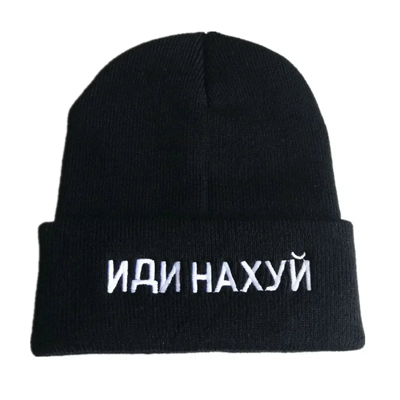 Knitted Black Wool Hat with Russian Inscription ИДИ НА ХУЙ - Fashionable Winter Cap for Warmth and Style - Buzzastore