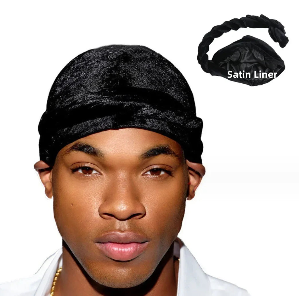 Satin-Lined Mens Turban Hat Stretchy Velvet Headwrap Hip Hop Cap for Comfort and Chemo Support - Buzzastore