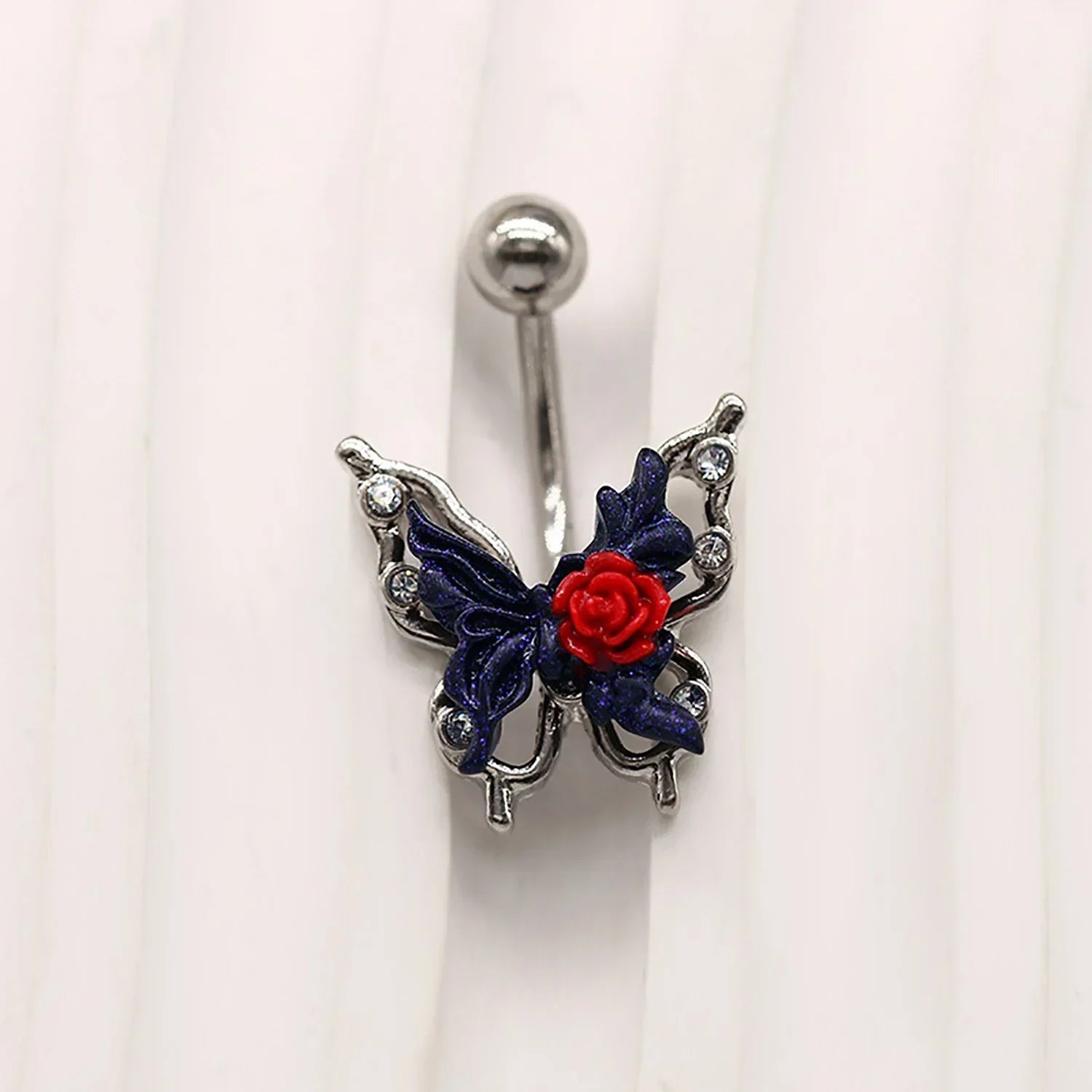 Rose Butterfly Belly Button Ring - Punk Gothic Flower Navel Barbell Jewelry for Women - Buzzastore