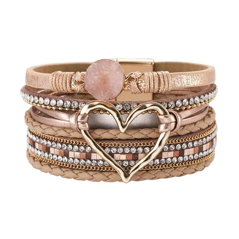 Bohemian Leather Wrap Bracelet for Women - Multi-Layer Heart Bangle Jewelry Gift - Buzzastore