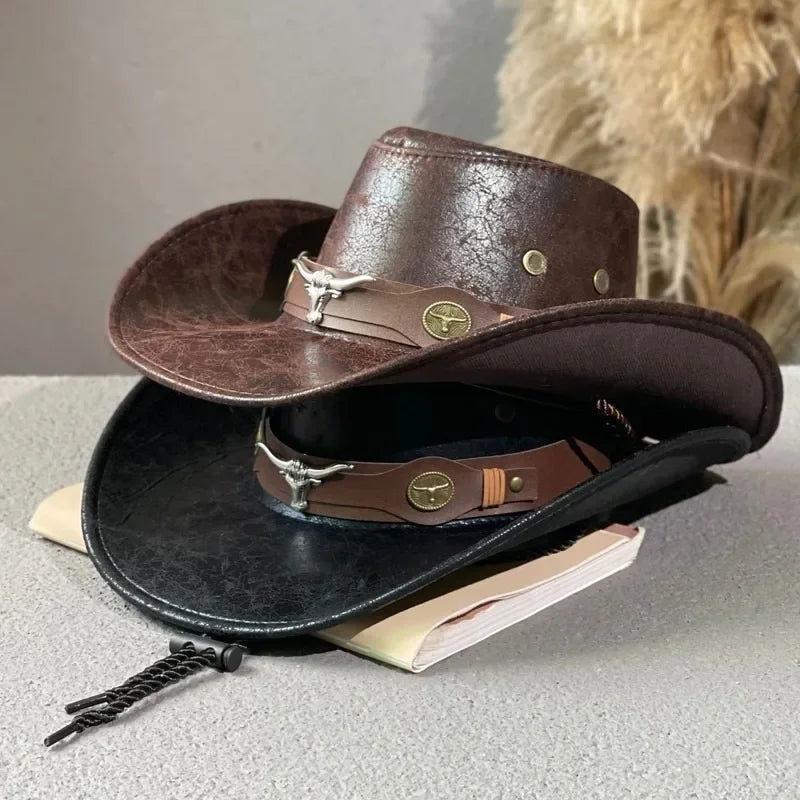 Faux Leather Western Cowboy Hat for Men Women - Vintage Panama Cowgirl Jazz Cap Sombrero - Buzzastore