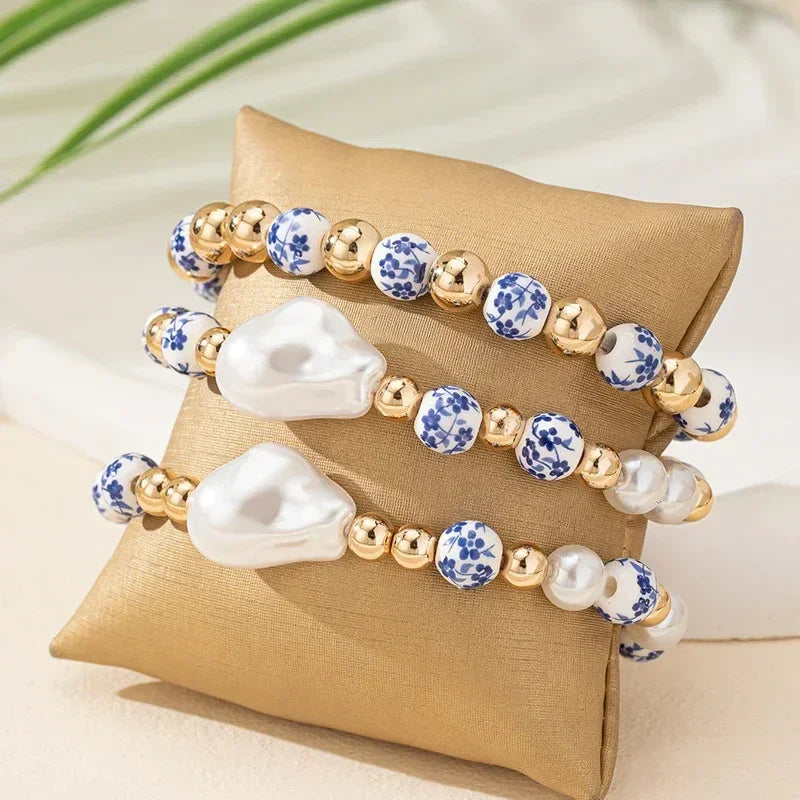 Baroque Pearl Bracelet for Women - Elastic Blue and White Porcelain Beaded Jewelry - Buzzastore