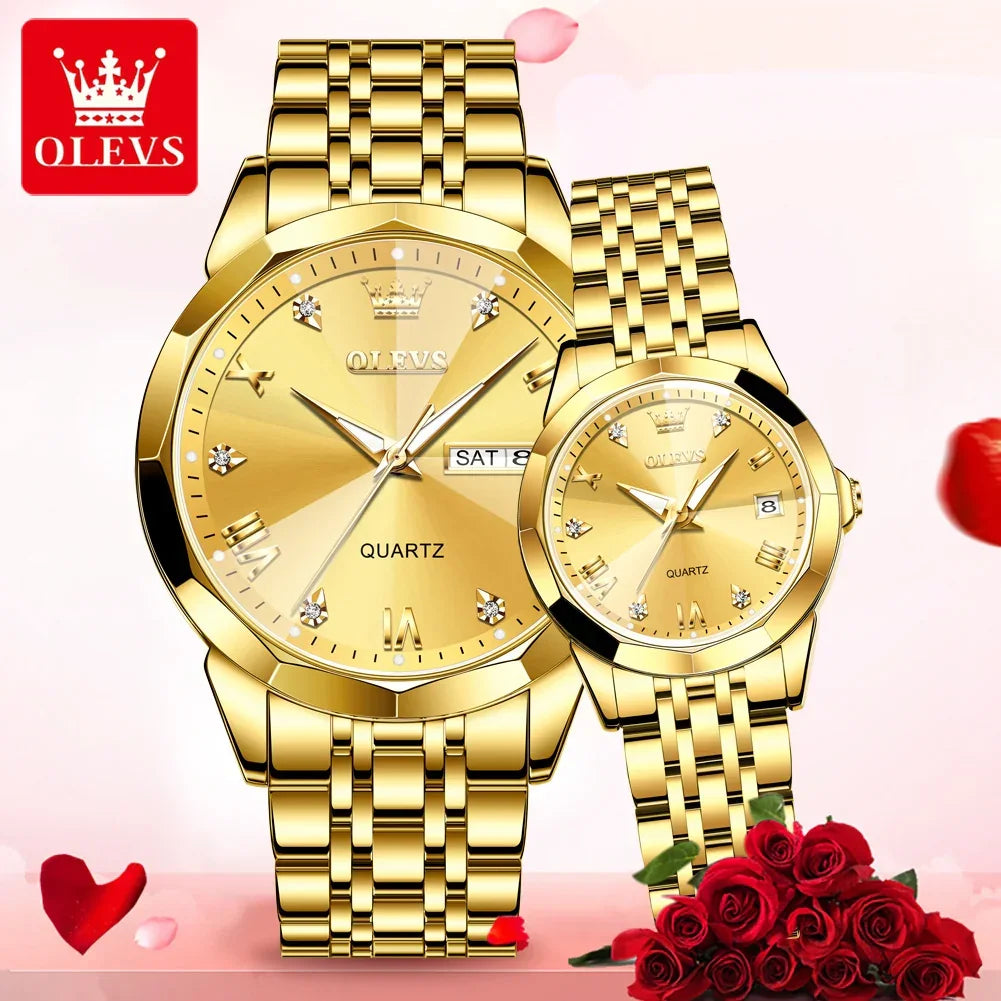 OLEVS 9931 Luxury Quartz Couple Watch for Men Women with Roman Numerals Rhombus Mirror Auto Date and Waterproof Design - Buzzastore