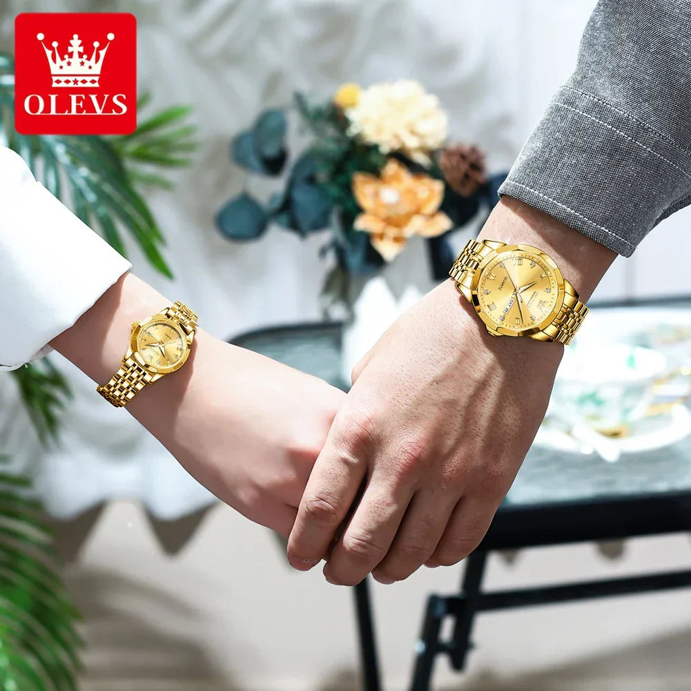 OLEVS 9931 Luxury Quartz Couple Watch for Men Women with Roman Numerals Rhombus Mirror Auto Date and Waterproof Design - Buzzastore