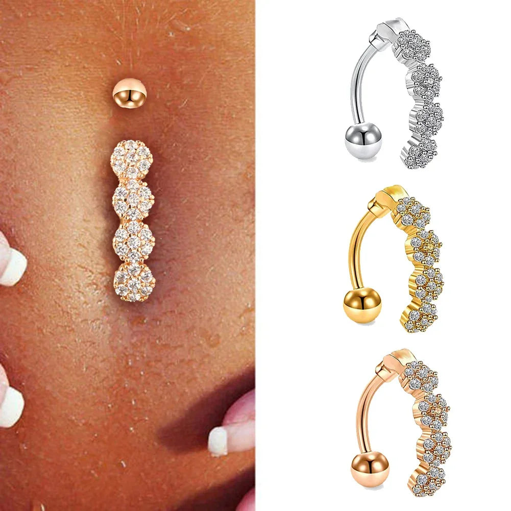 Goth Crystal Dangle Belly Button Ring - Stainless Steel Flower Navel Piercing for Women - Buzzastore