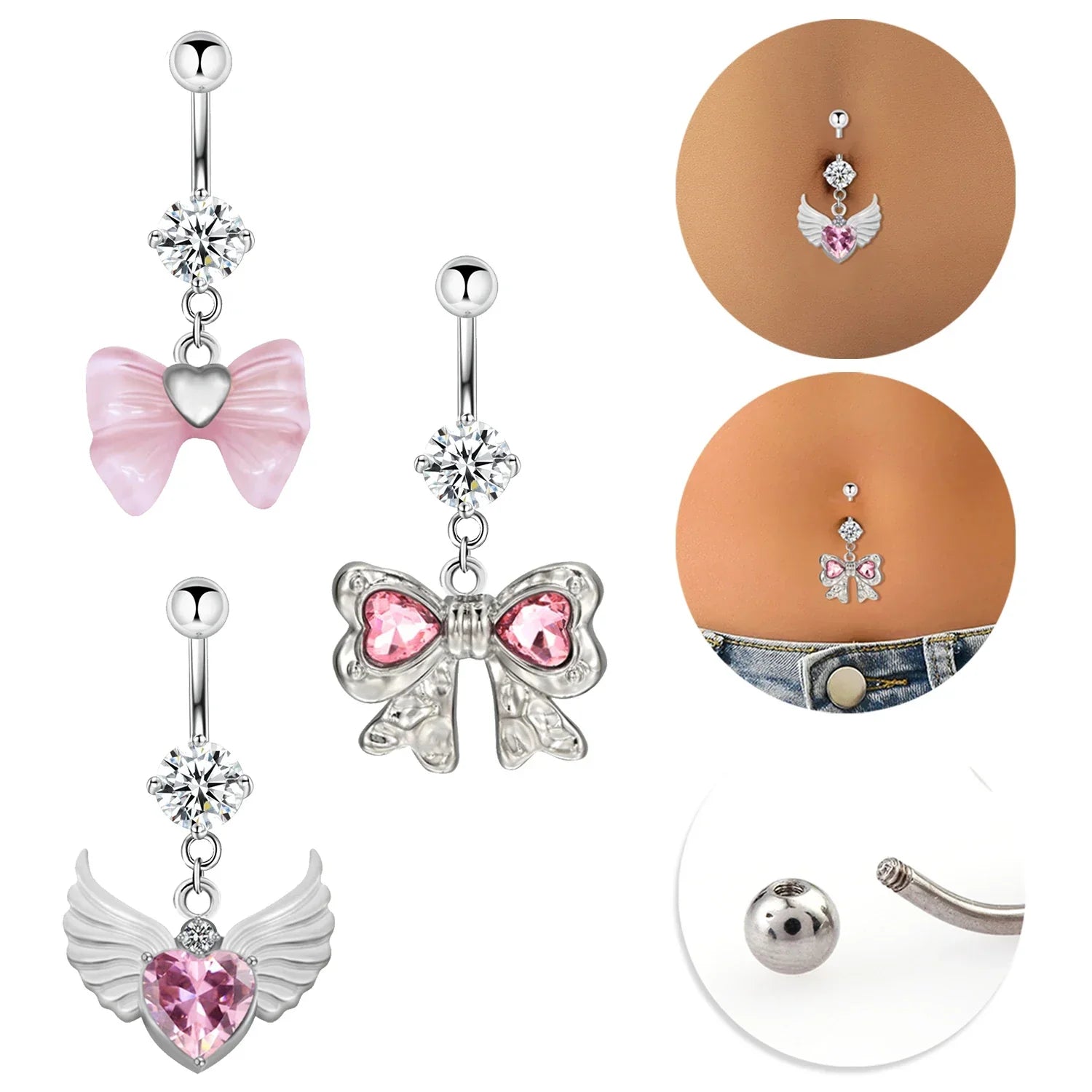 Delicate Zircon Bow Heart Navel Ring - Stylish Belly Button Piercing Jewelry for Women Girls - Buzzastore