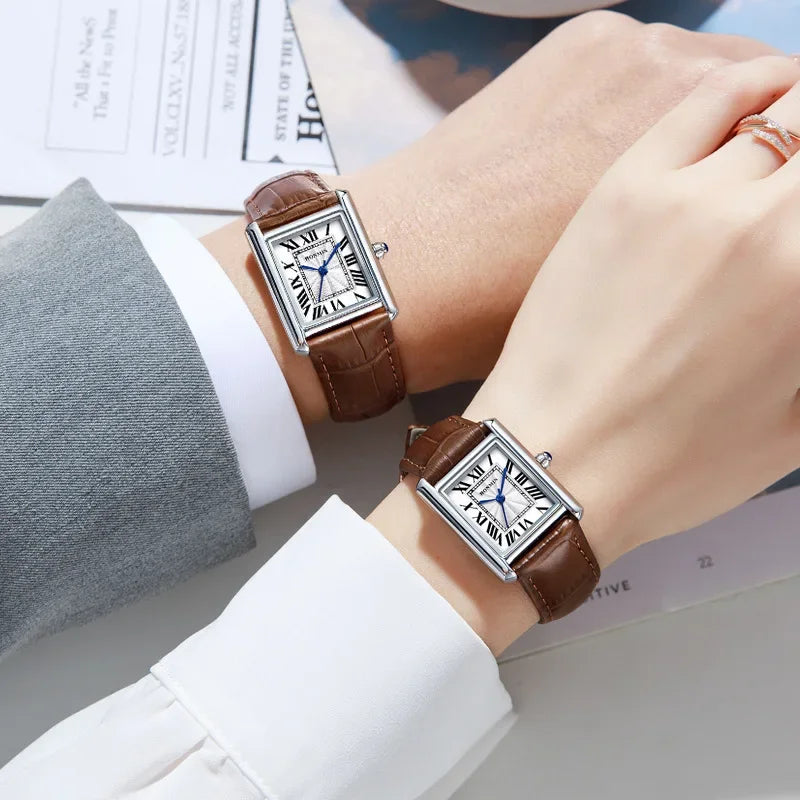 Waterproof Quartz Couple Watches with Leather Straps - Stylish Square Design for Men and Women - Buzzastore