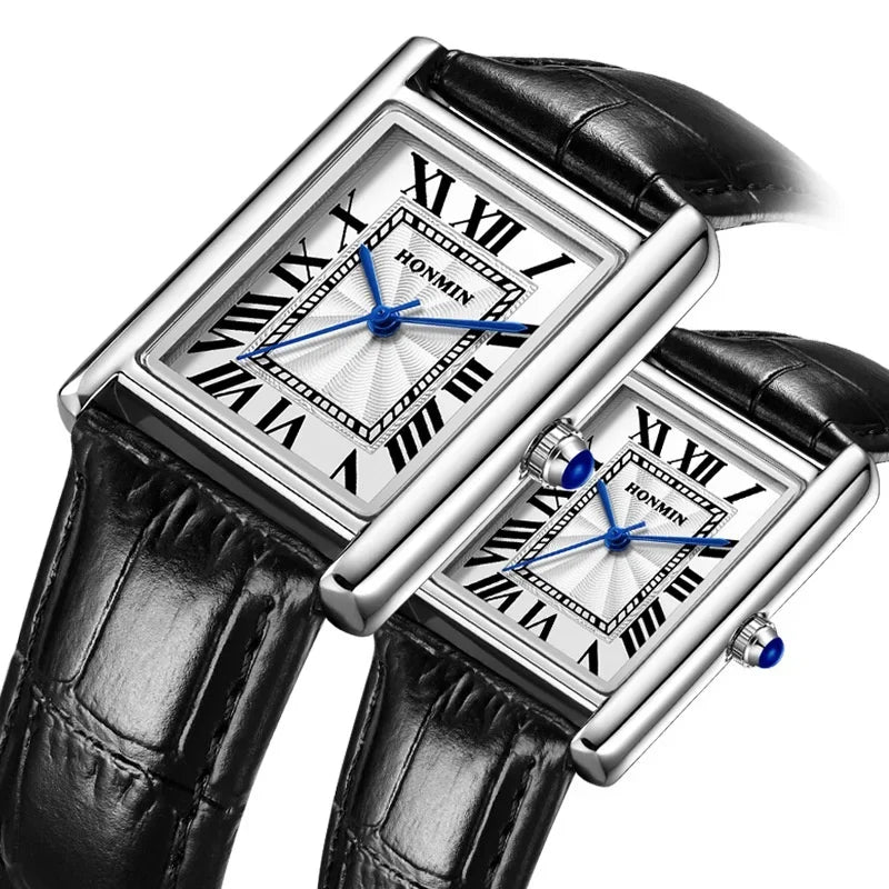 Waterproof Quartz Couple Watches with Leather Straps - Stylish Square Design for Men and Women - Buzzastore