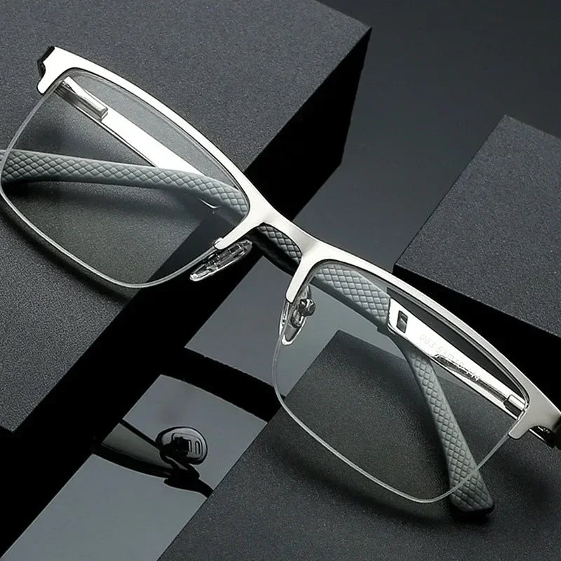 Mens Half-Frame Anti-Blue Light Reading Glasses Metal Presbyopia Frames 10 to 40 Anti-Fatigue Design - Buzzastore