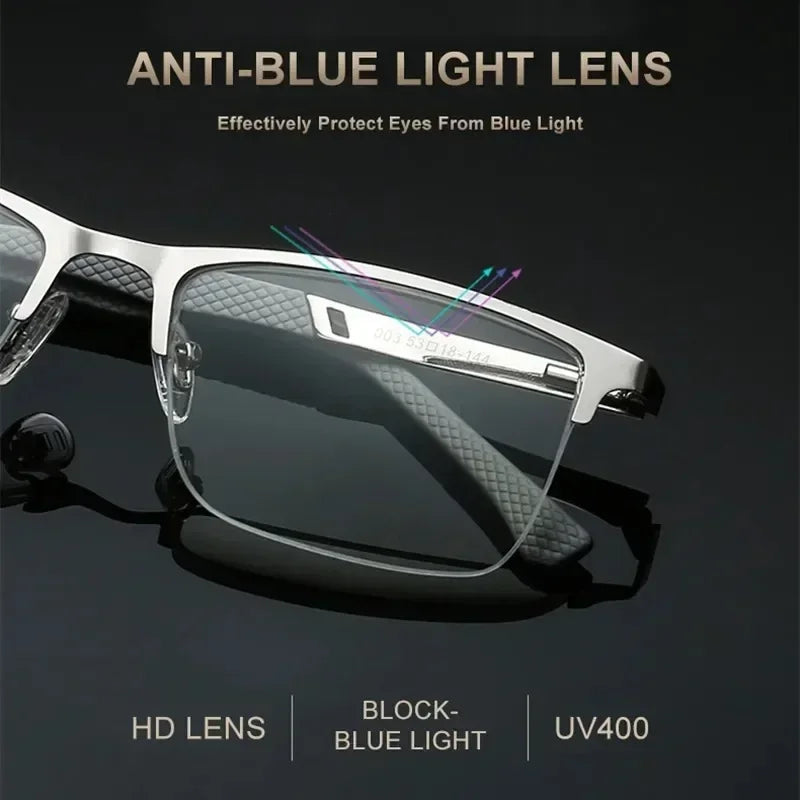 Mens Half-Frame Anti-Blue Light Reading Glasses Metal Presbyopia Frames 10 to 40 Anti-Fatigue Design - Buzzastore