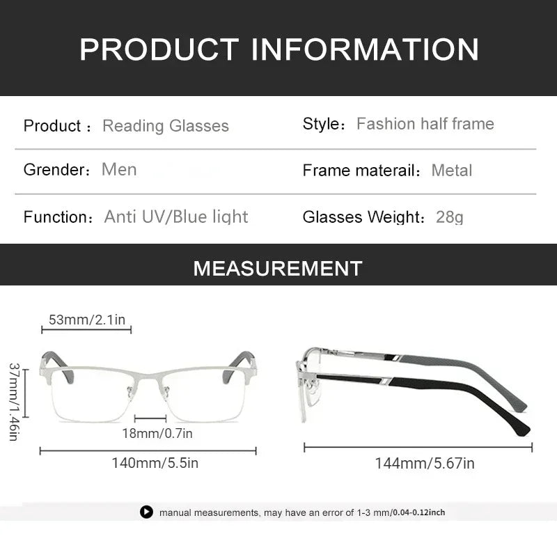 Mens Half-Frame Anti-Blue Light Reading Glasses Metal Presbyopia Frames 10 to 40 Anti-Fatigue Design - Buzzastore