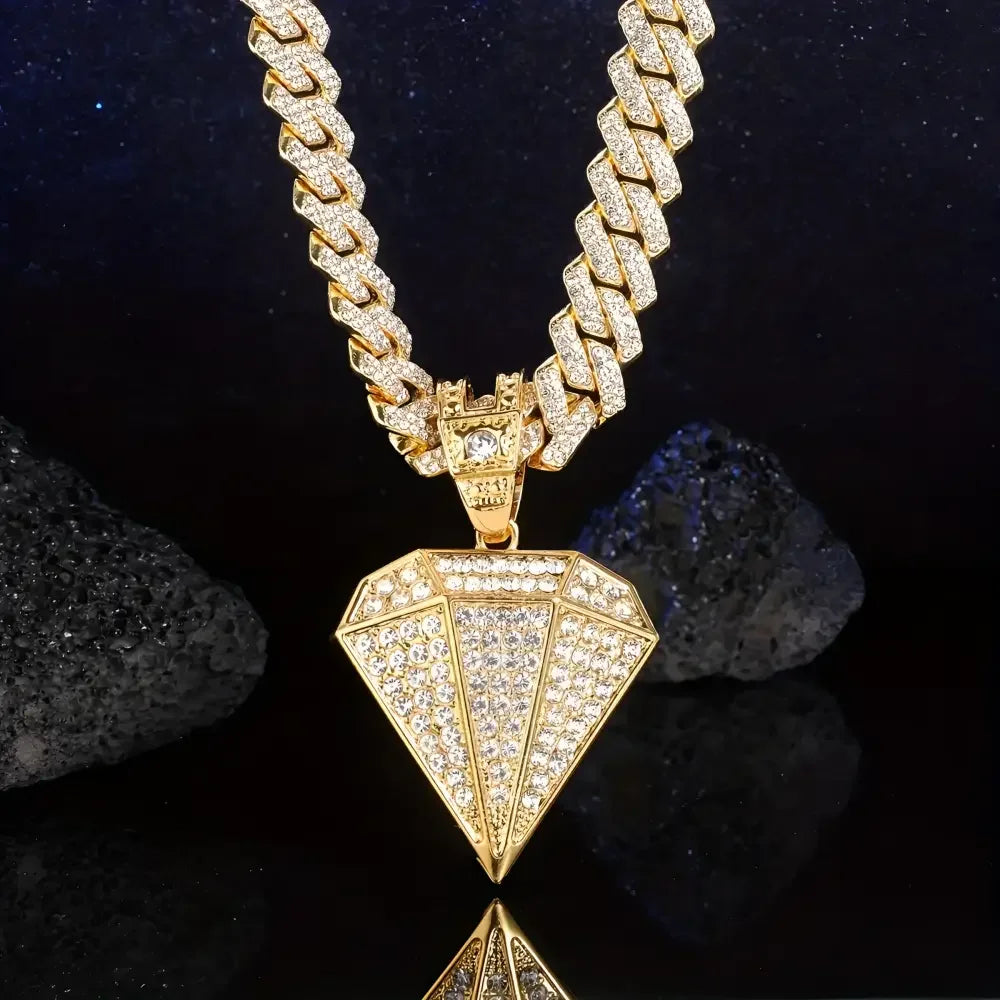Gold Diamond Pendant Necklace with Golden Rhinestone Accents on Miami Cuban Chain - Buzzastore