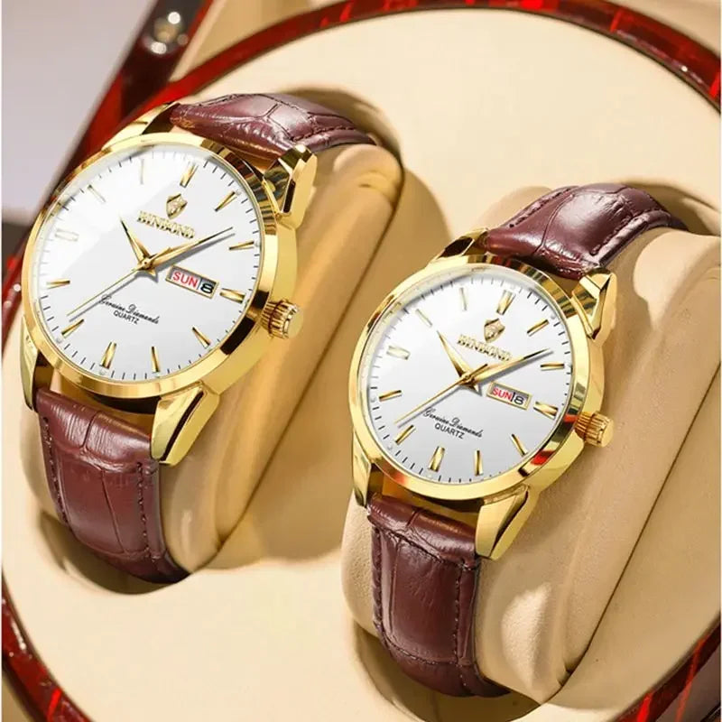 Luxury Waterproof Couples Watch for Men and Women - Quartz Calendar Timepiece with Leather Strap - Buzzastore