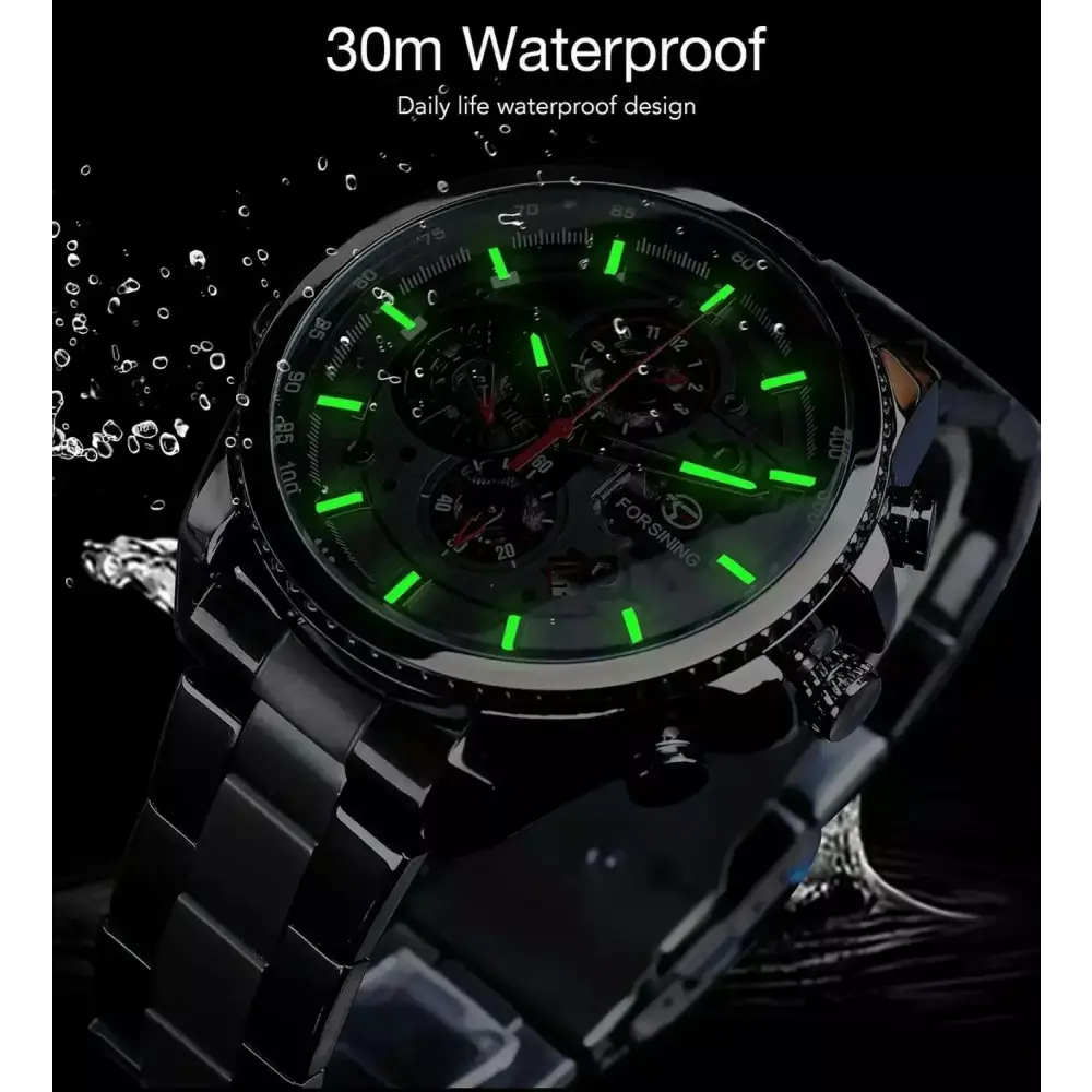 Black waterproof wristwatch with luminous markers from FORSINING stainless steel watches collection