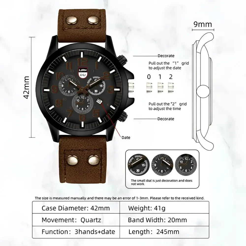 Men’s brown leather casual watch displayed in Mens Black Chronograph Casual Leather Watch image