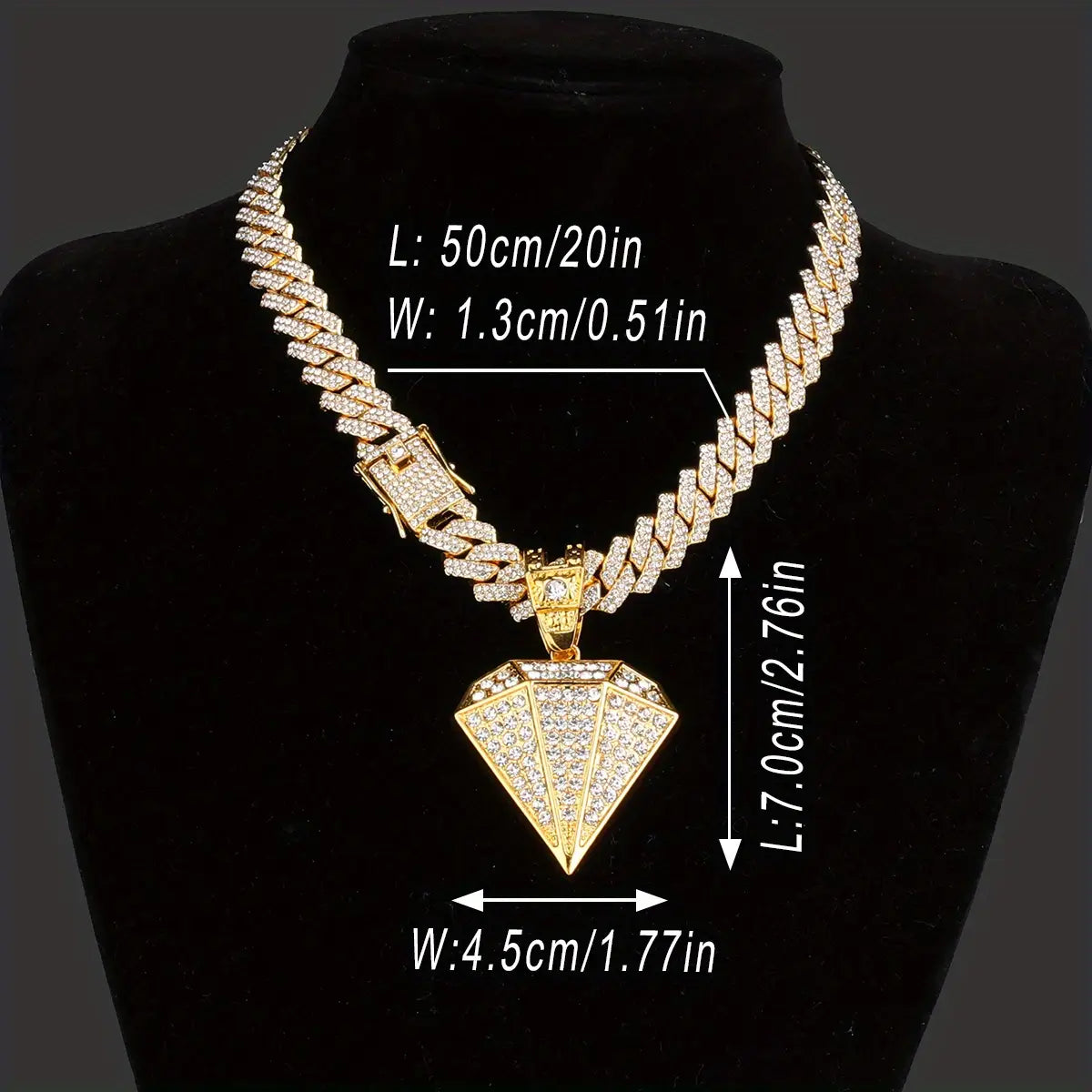 Gold Diamond Pendant Necklace Golden Rhinestone Pendant Necklace Diamond Pendant Miami Cuban Chain