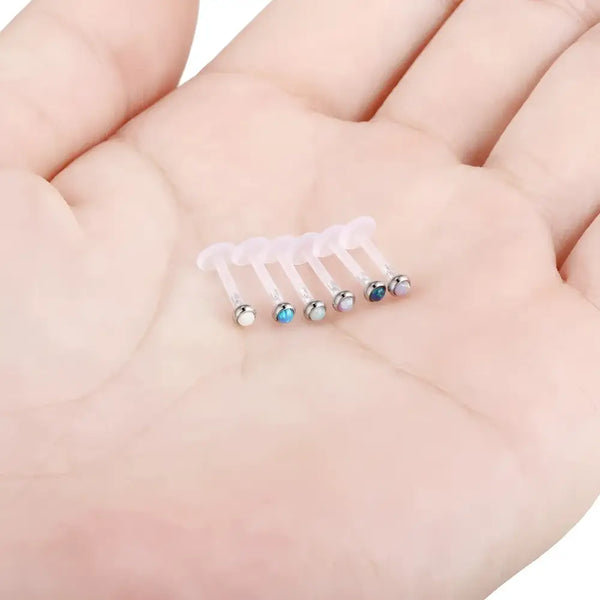 Colorful labret retainers.