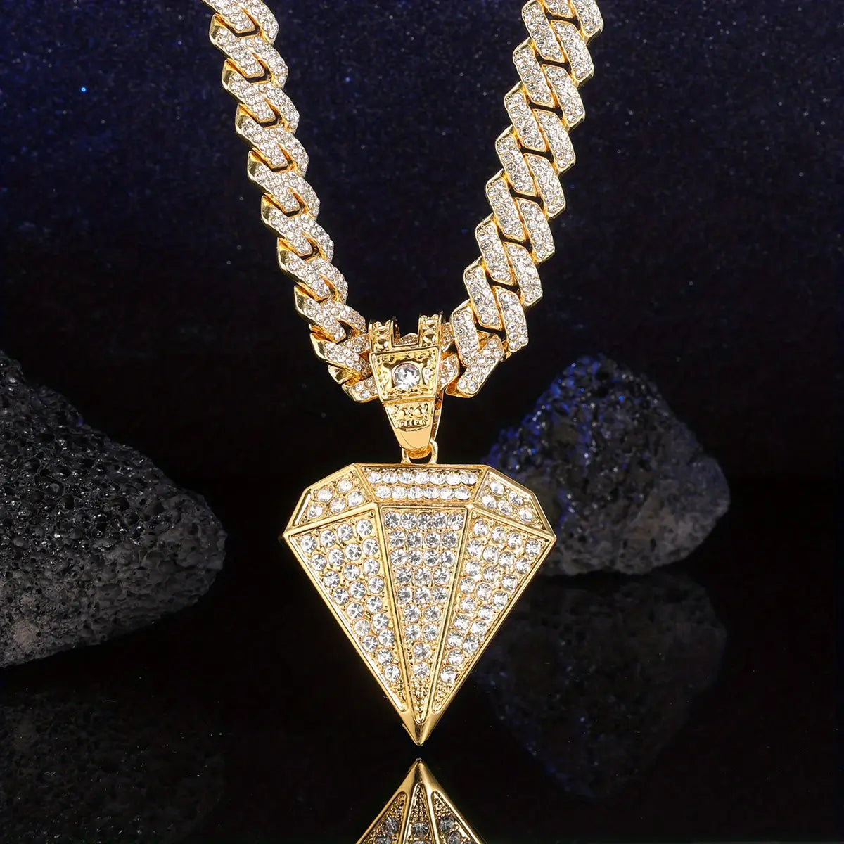 Gold Diamond Pendant Necklace Golden Rhinestone Pendant Necklace Diamond Pendant Miami Cuban Chain