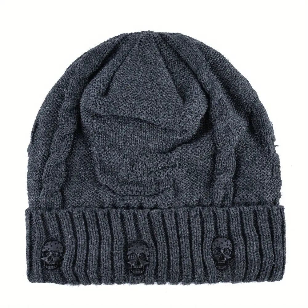 1pc Warm Plush Lined Skull Beanie For Men & Women Pull-On Hats Winter Accessories Gift