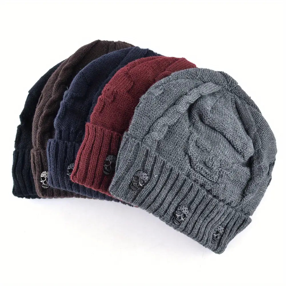 1pc Warm Plush Lined Skull Beanie For Men & Women Pull-On Hats Winter Accessories Gift