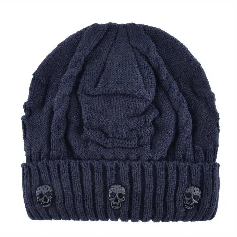 1pc Warm Plush Lined Skull Beanie For Men & Women Pull-On Hats Winter Accessories Gift