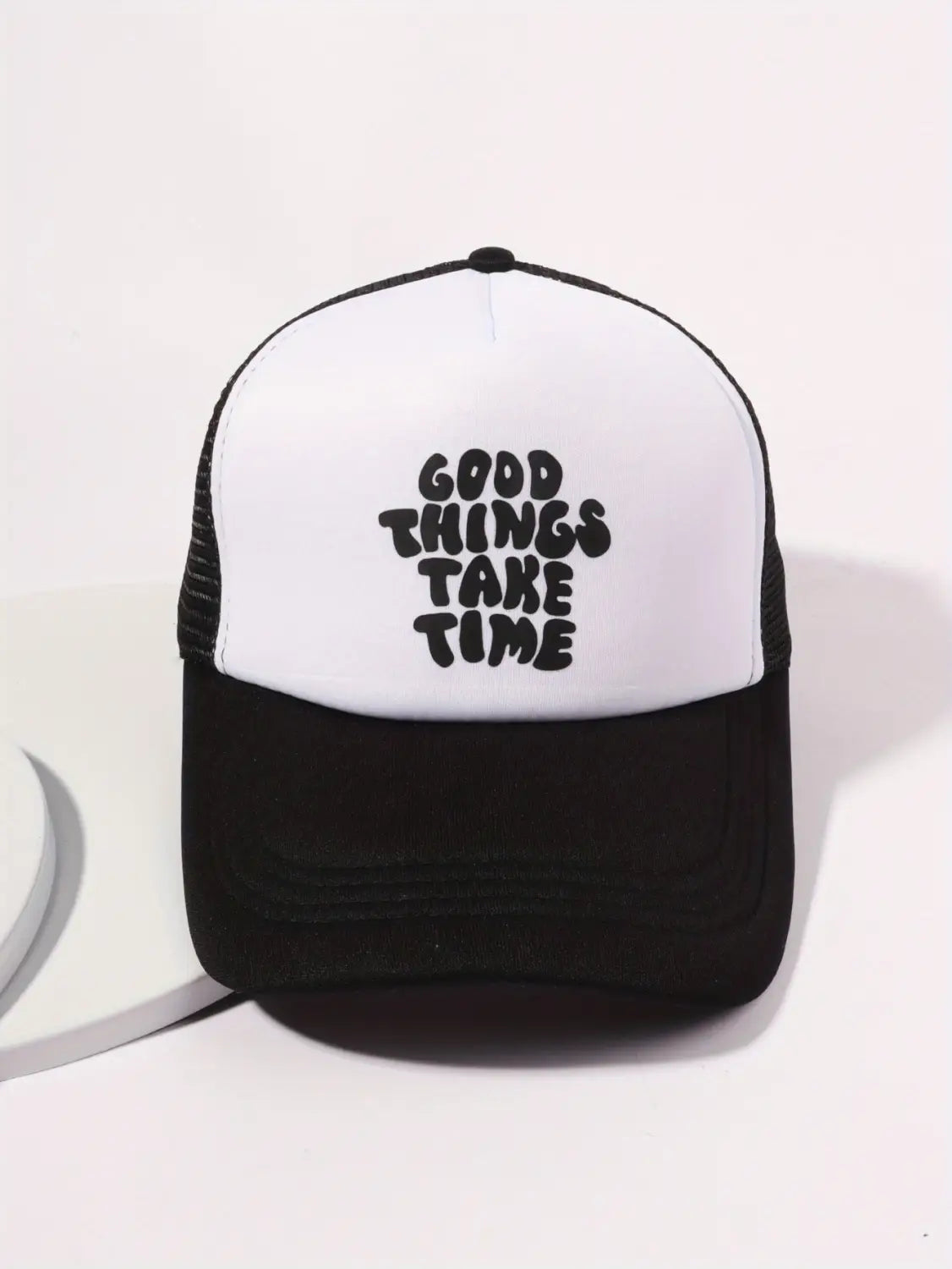 Printed Mesh Trucker Hat Good Things Take Time Color Block Baseball Cap Unisex Simple Breathable Dad Hats For Women Men