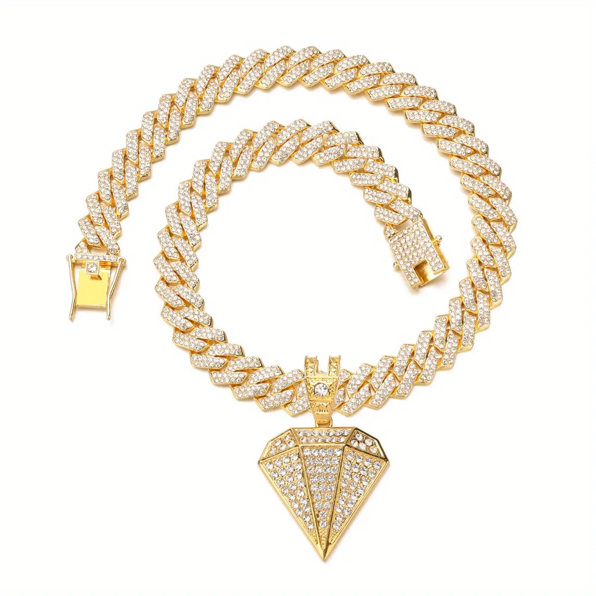 Gold Diamond Pendant Necklace Golden Rhinestone Pendant Necklace Diamond Pendant Miami Cuban Chain