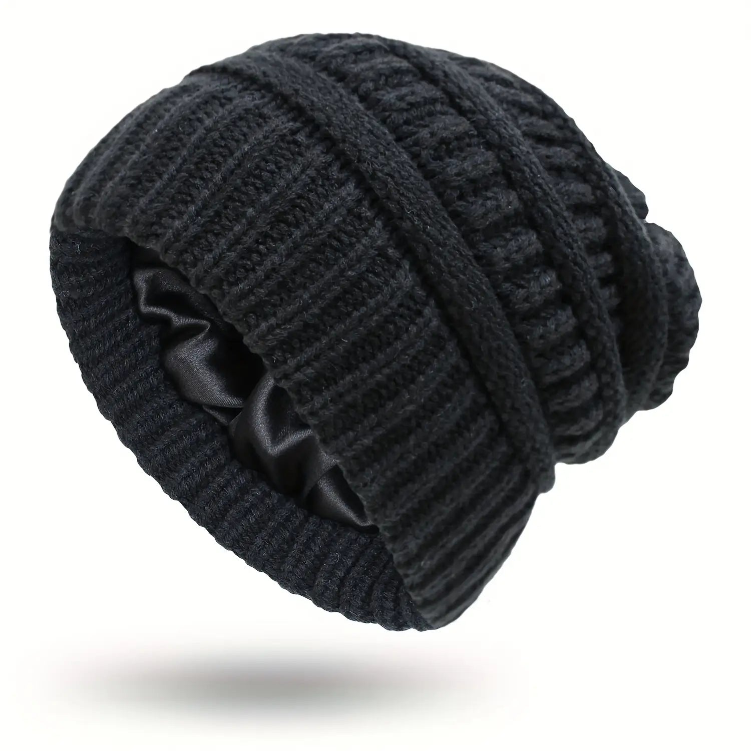 1pc Unisex Saitn Lined Knit Beanie Hat Acrylic Winter Slouchy Hats With Cuffed For Ski