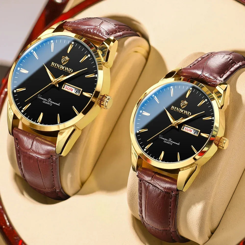 Luxury Waterproof Couples Watch for Men and Women - Quartz Calendar Timepiece with Leather Strap - Buzzastore