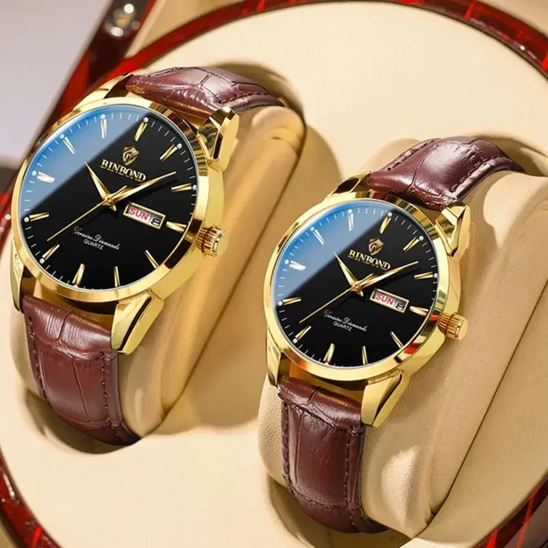 Luxury Waterproof Couples Watch for Men and Women - Quartz Calendar Timepiece with Leather Strap - Buzzastore