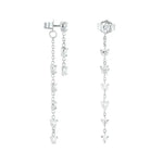 Two silver dangling earrings.