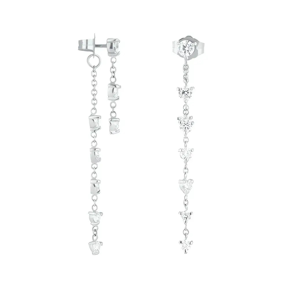 Two silver dangling earrings.