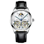 Silver-cased automatic watch with black leather band from AILANG men’s accessories