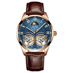 Men’s automatic watch with leather strap showcasing elegant jewelry and timepieces