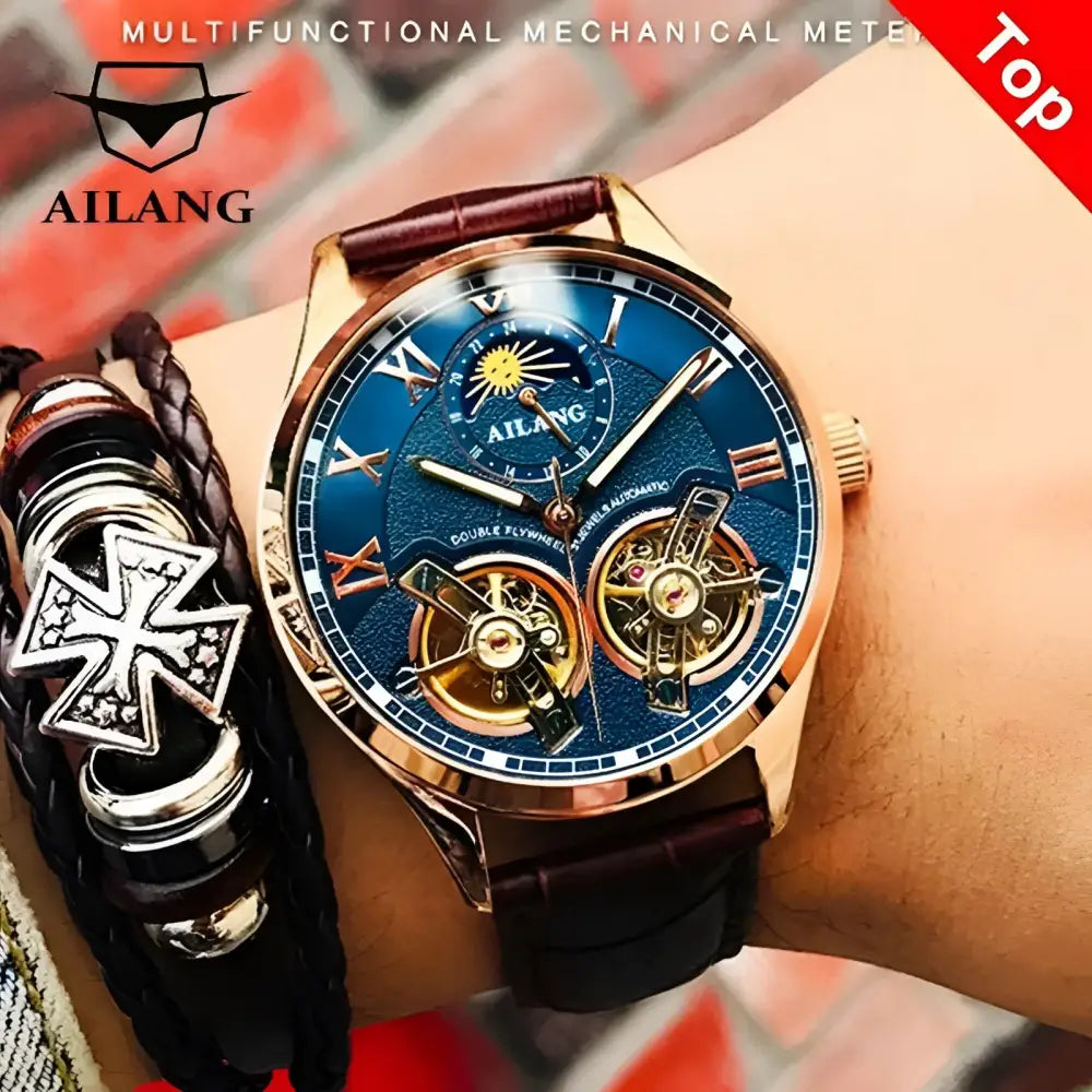Men’s automatic wristwatch with leather band, stylish jewelry accessory for men