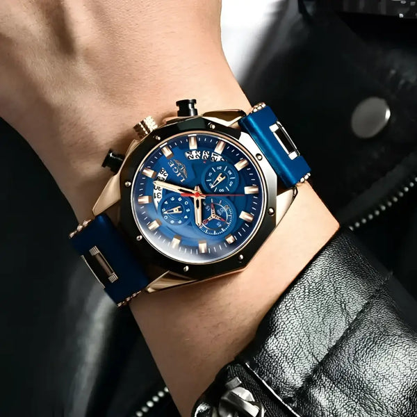 Blue-faced chronograph wristwatch from Blue Chronograph Gold Watches Jewelry Accessories category