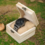 Bobo Bird Wooden White Face Chronograph Watch in a wooden box showcasing bird wooden craftsmanship