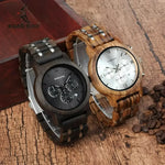 Two Bobo Bird wooden chronograph watches with white face display, showcasing craftsmanship
