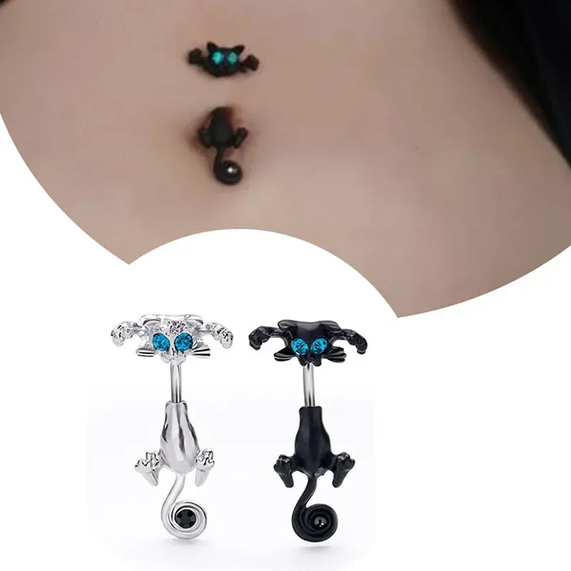 Cartoon Cat Belly Piercing for Women - 316L Stainless Steel Long Flower Navel Jewelry with Zircon - Buzzastore