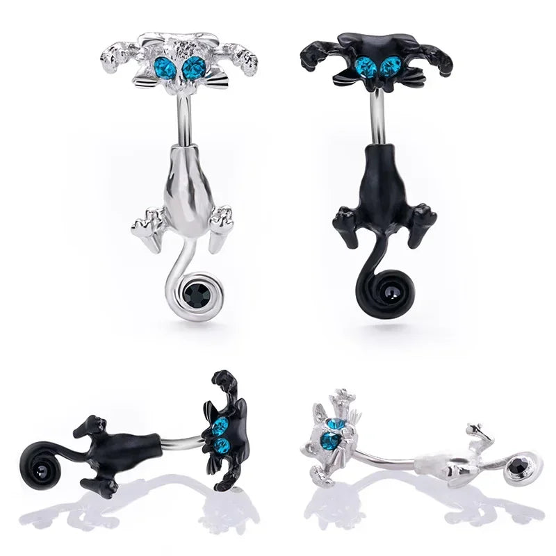 Cartoon Cat Belly Piercing for Women - 316L Stainless Steel Long Flower Navel Jewelry with Zircon - Buzzastore