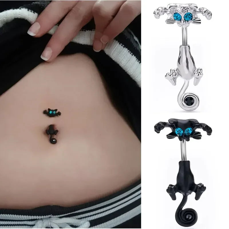 Cartoon Cat Belly Piercing for Women - 316L Stainless Steel Long Flower Navel Jewelry with Zircon - Buzzastore