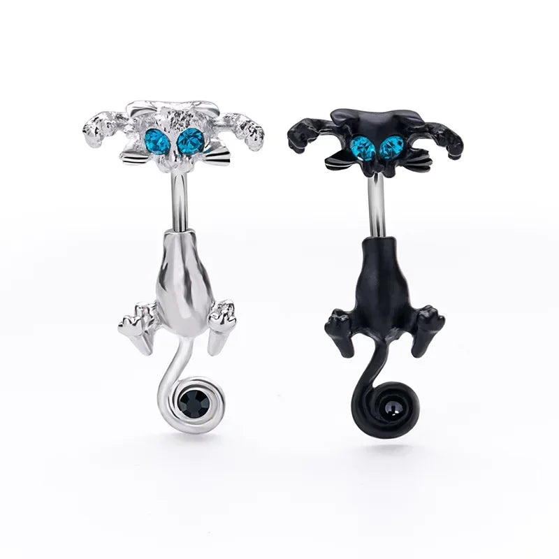 Cartoon Cat Belly Piercing for Women - 316L Stainless Steel Long Flower Navel Jewelry with Zircon - Buzzastore