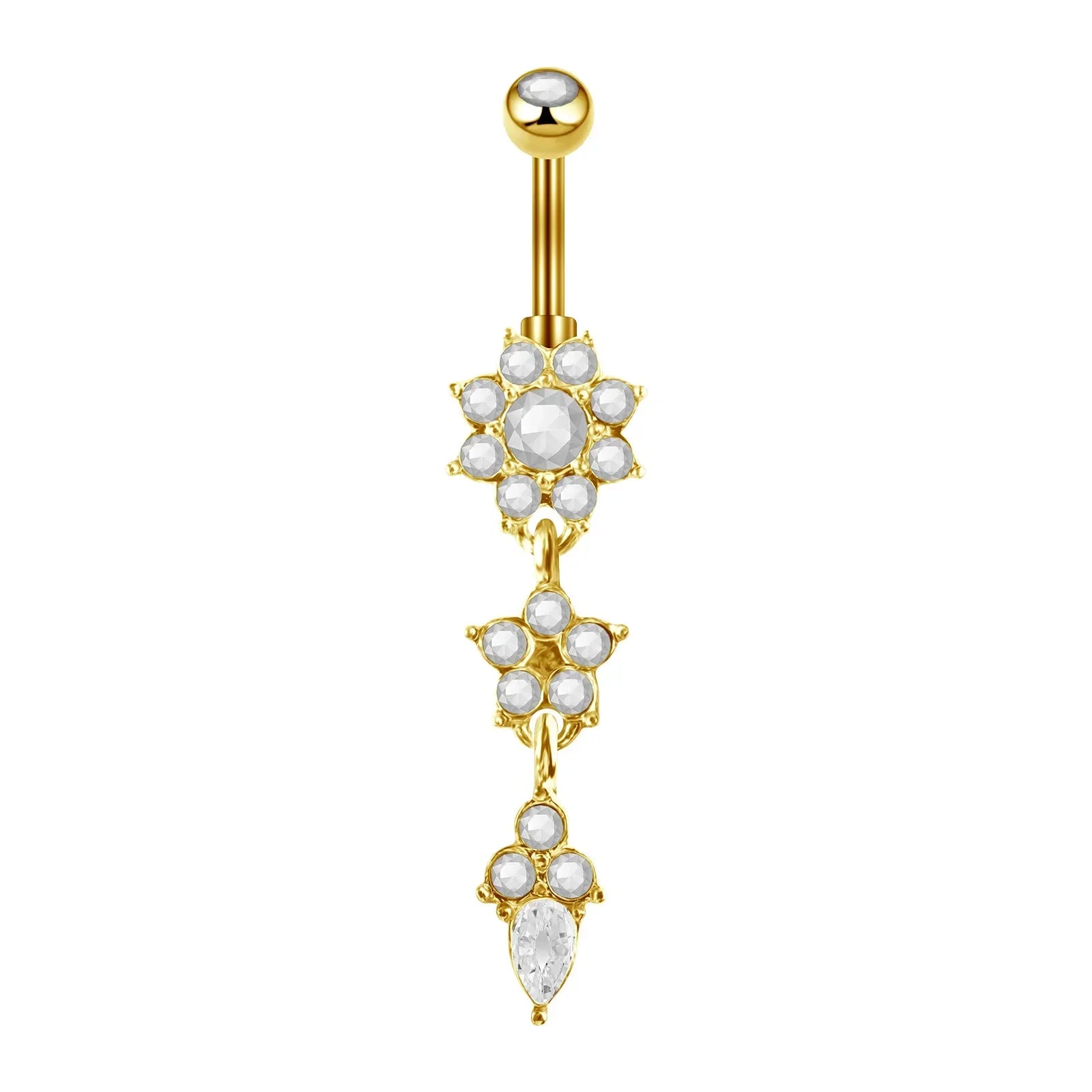 Cartoon Cat Belly Piercing for Women - 316L Stainless Steel Long Flower Navel Jewelry with Zircon - Buzzastore