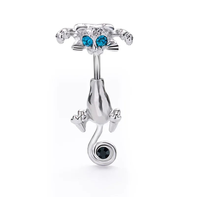Cartoon Cat Belly Piercing for Women - 316L Stainless Steel Long Flower Navel Jewelry with Zircon - Buzzastore