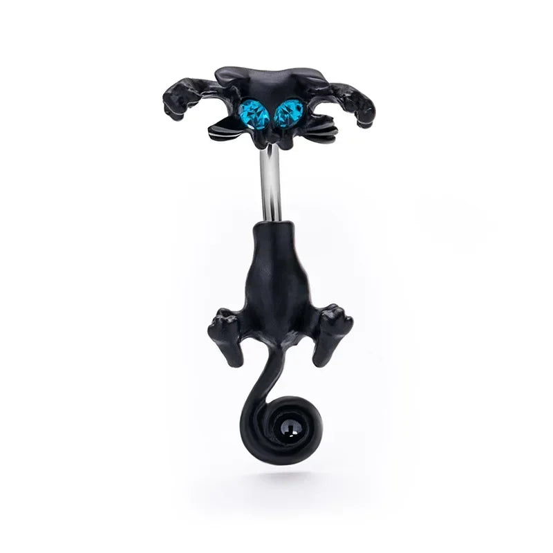 Cartoon Cat Belly Piercing for Women - 316L Stainless Steel Long Flower Navel Jewelry with Zircon - Buzzastore